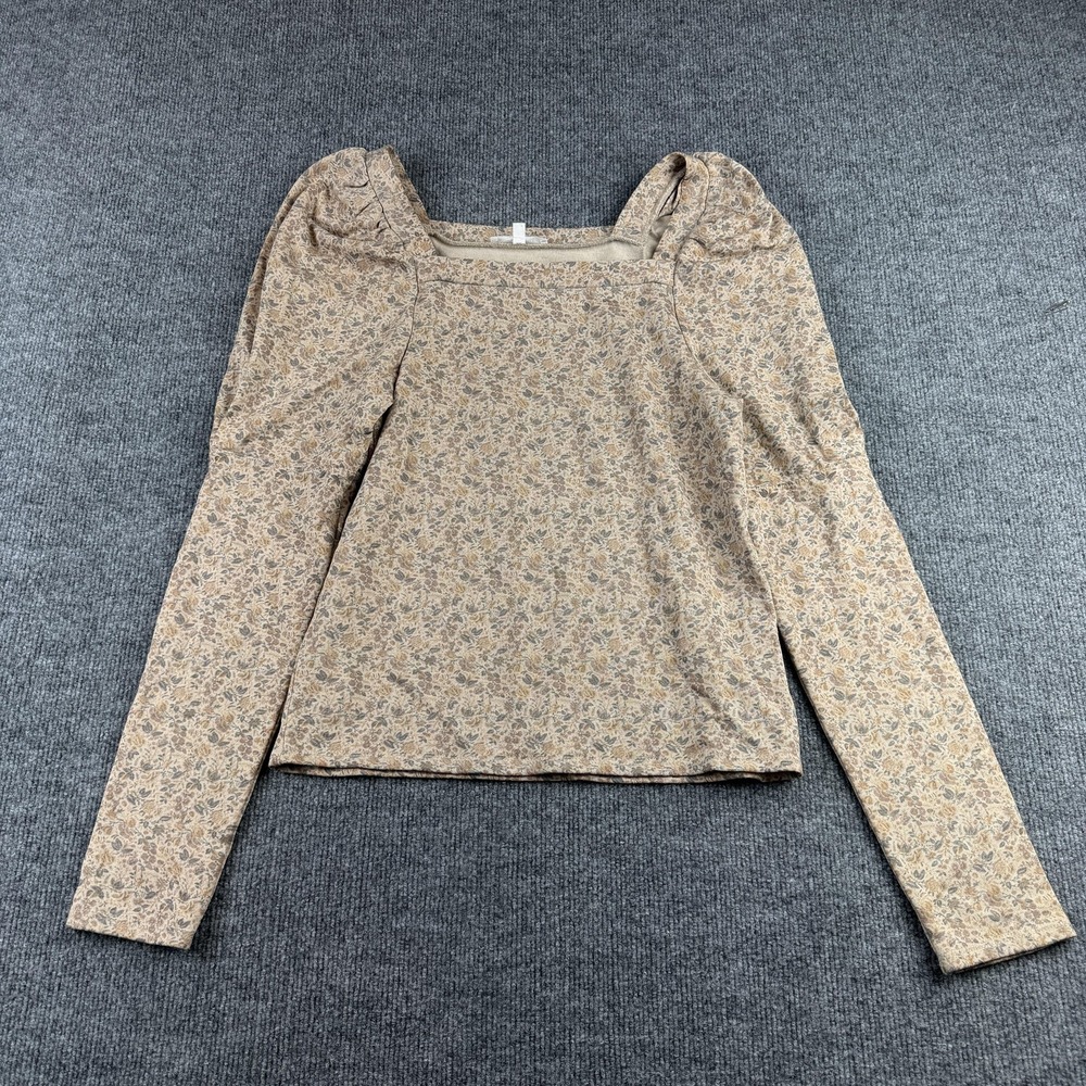 Splendid Shirt Womens Small Beige Floral Puff Sleeve Square‎ Neck Jersey Top